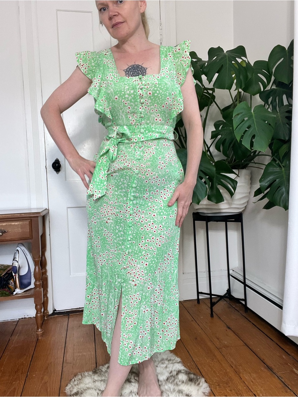 Whistles Mint Green Floral Midi Dress Size 0 Ruffle Sleeve Cottagecore Tea Dress